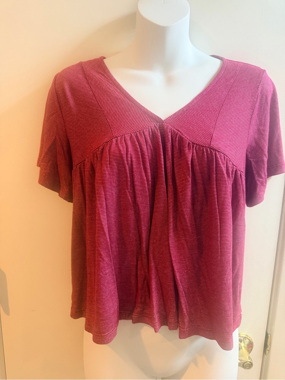 Good Luck GEM Women's Burgundy and White Striped V-Neck Short Sleeve Babydoll To